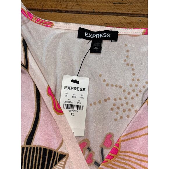 NWT Womens Express Pink Black Floral Long Sleeve Snap Button Bodysuit Size XL - Picture 6 of 8